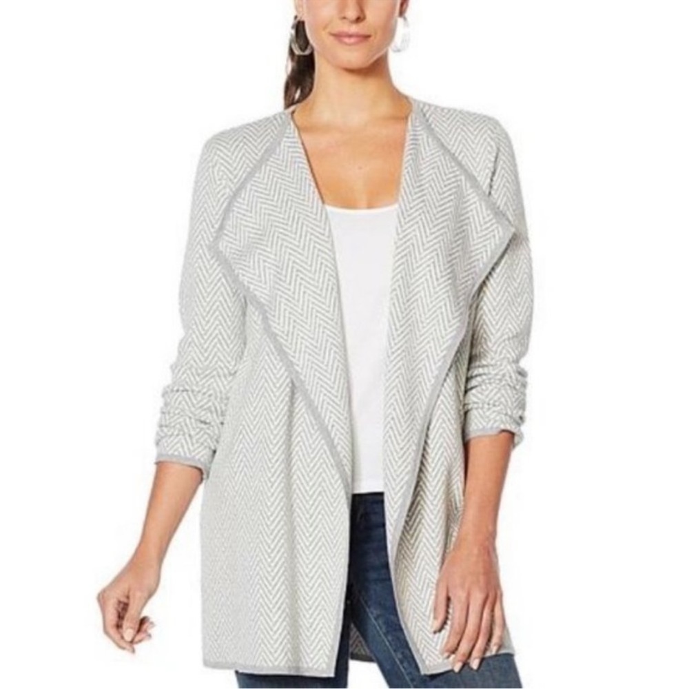 Vince Camuto Herringbone Open Front Cardigan Gray/White Size Medium Long Sleeve
